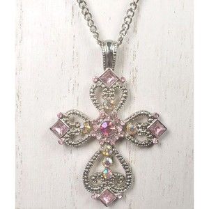 Pink Rhinestone (AB) Aurora Borealis Iridescent Crystal Crucifix Cross Necklace